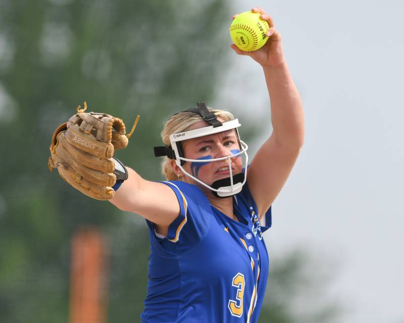 Wheaton North's Hannah Wulf (3) pitches during the game on Thursday June 5, 2025, while taking on Wheaton Warrenville South in the sectional semifinal game held at Oswego High School.