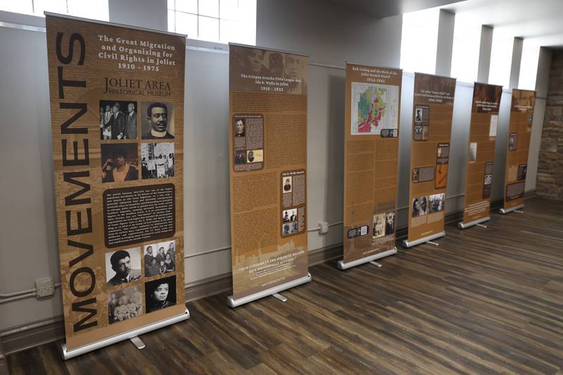 Banners depicting the Civil Rights movement in Joliet are on display at the Juneteenth event hosted by the Joliet Area Historical Museum on Monday, June 19, 2023 in Joliet.