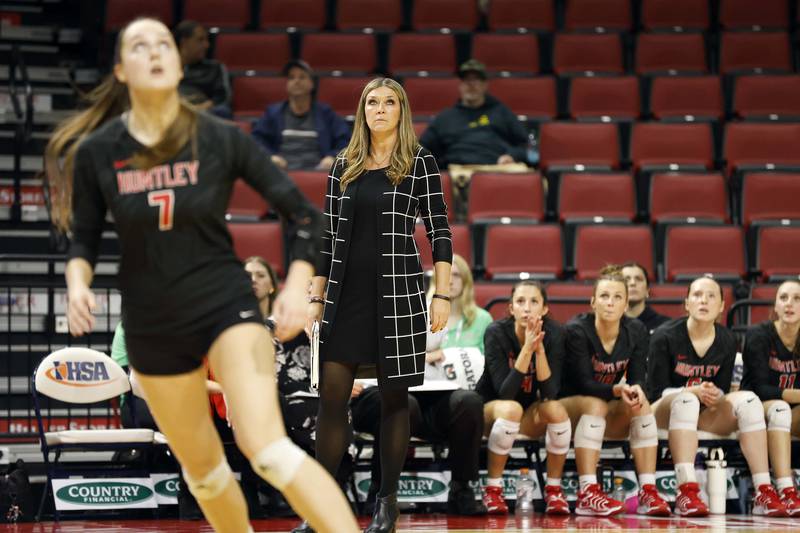 Huntley's head coach Karen Naymola during the IHSA Class 4A girls volleyball third place match Saturday, Nov. 16, 2024 at CEFCU Arena in Normal.