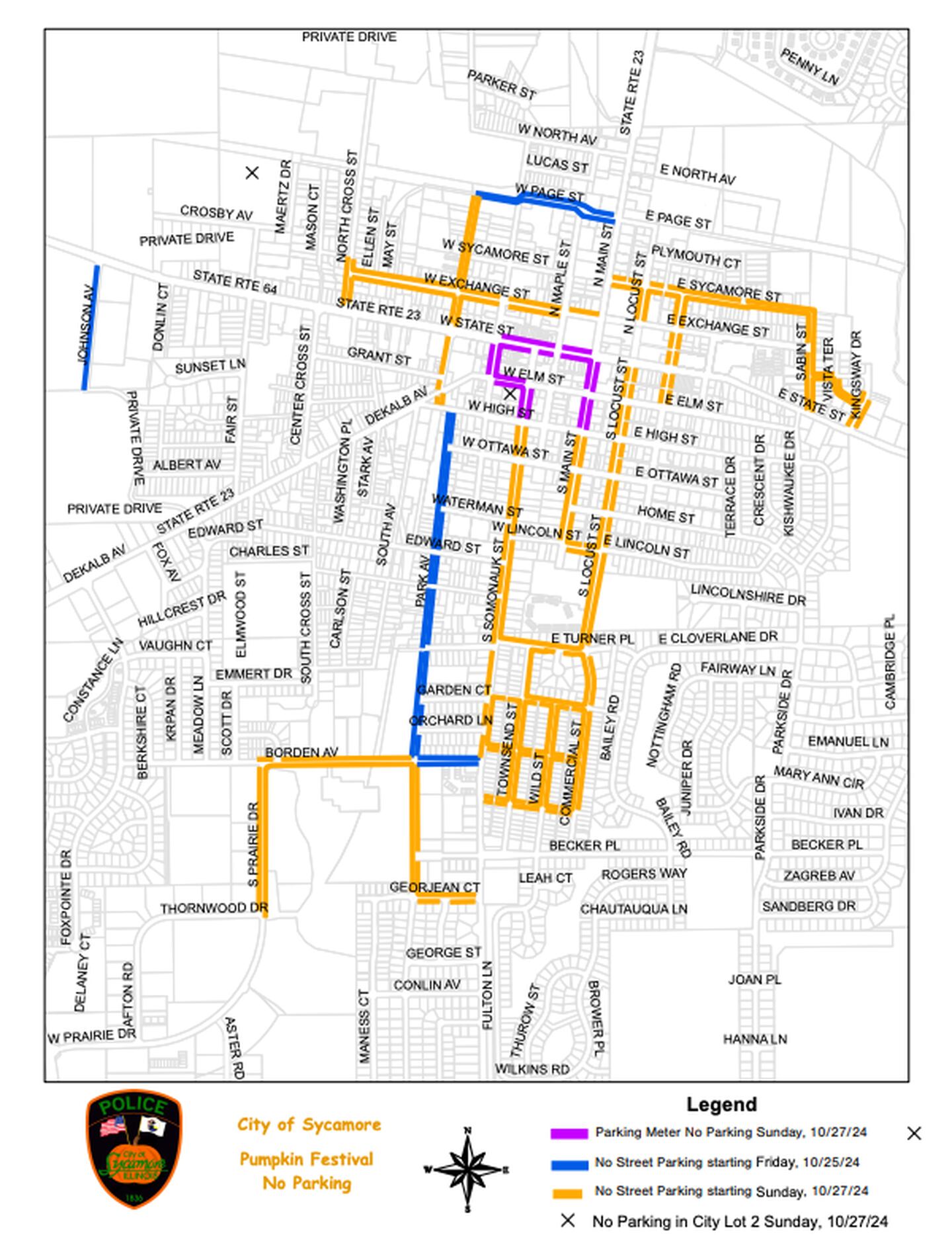 The no parking designations outlined by the Sycamore Police Department for the 2024 Sycamore Pumpkin Festival, which runs Oct. 23-27, 2024.