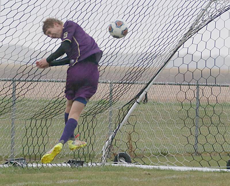 Serena junior Tanner Faivre heads the ball into the wide-open net against Sandwich in a Class 1A regional semifinal game in 2022. Faivre, who scored a school-record 46 goals and passed for 26 assists this past fall, is The Times 2022 Boys Soccer Player of the Year.