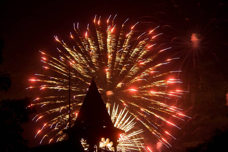 Pottawatomie Park pavilion is silhouetted against the End-of-Summer fireworks in St. Charles on Thursday, September 1, 2022.