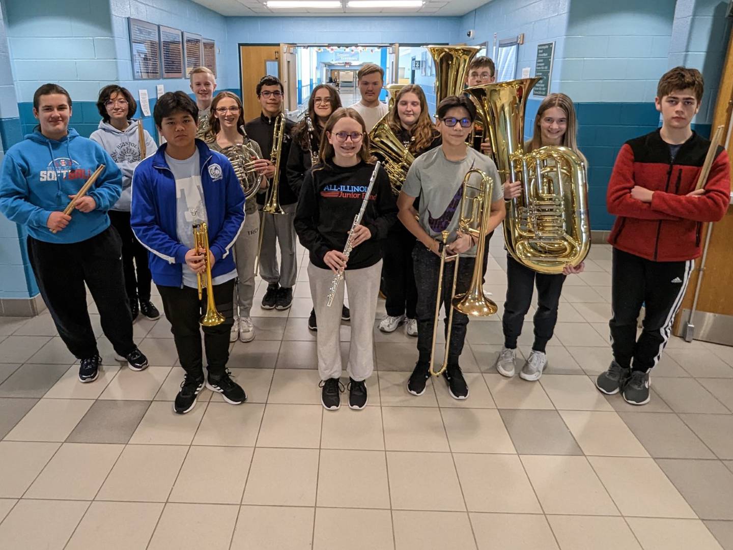 Troy Middle School will send 14 members of its band to the IMEA Junior Music Festival. Pictured: (front from left) Zeb Zamoras, Claire Wellman, Angelo Noriega-Bueno (middle row) Evelyn Coffey, Leah Blunk, Layla McKinney, Alexis Waszcyk, Kendall Santerelli, Joseph Ferreti-Raucci (back row) Aaliyah Zepeda, Brendan Chew, Christian Toth, Jayden Cornfield, Ethan Steg