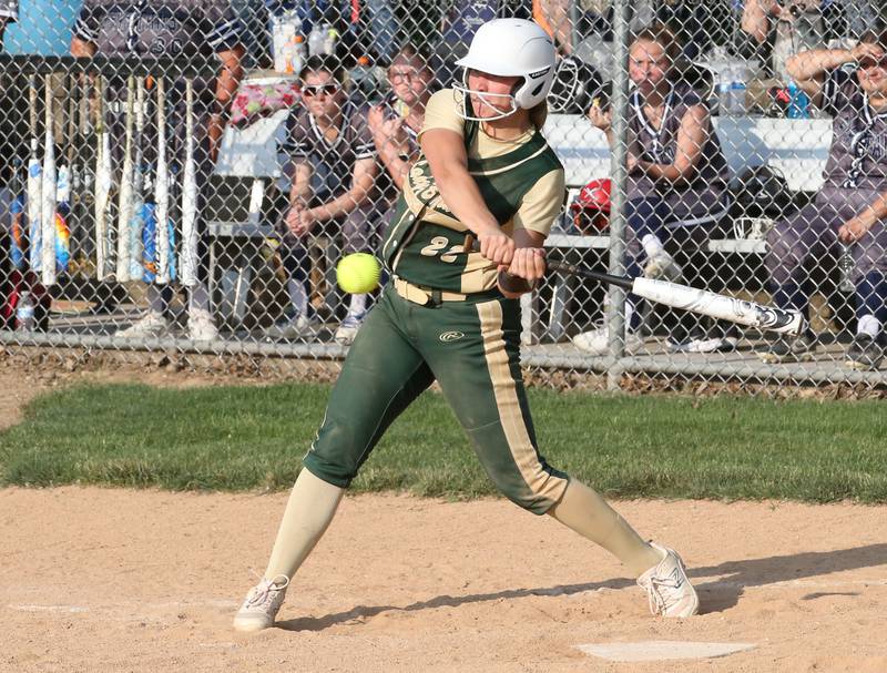 St. Bede's Ella Hermes drives in two-runs with this swing against Ridgewood AlWood/Cambridge in the Class 1A Sectional semifinal game on Tuesday, May 23, 20223 at St. Bede Academy.