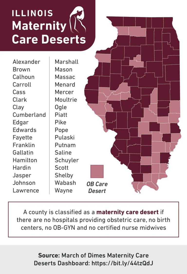 Carroll and Ogle counties are among 36 Illinois counties labeled maternity care deserts, according to the March of Dimes.