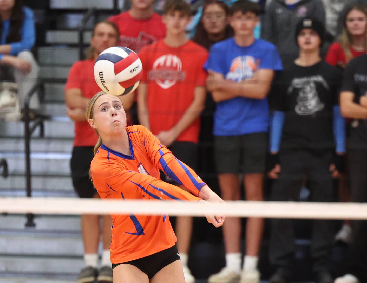 Genoa-Kingston's Addison Langton receives a DeKalb serve during their match Wednesday, Sept. 10, 2025, at DeKalb High School.