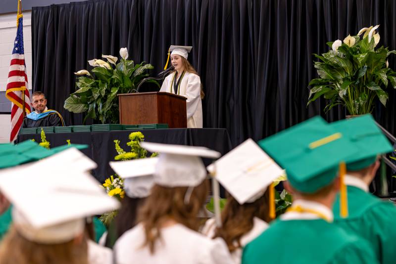 Madison DeGrush presents a speech to the graduating class during the Seneca High School Class of 2026 Graduation on May 17, 2026 at Seneca High School.
