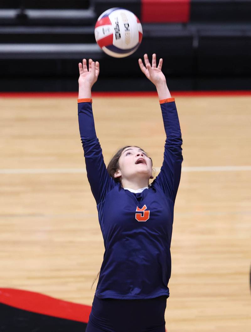 DePue's Veronica Fitzgerald sets the ball during their match against Indian Creek Thursday, Oct. 13, 2022, in Shabbona.