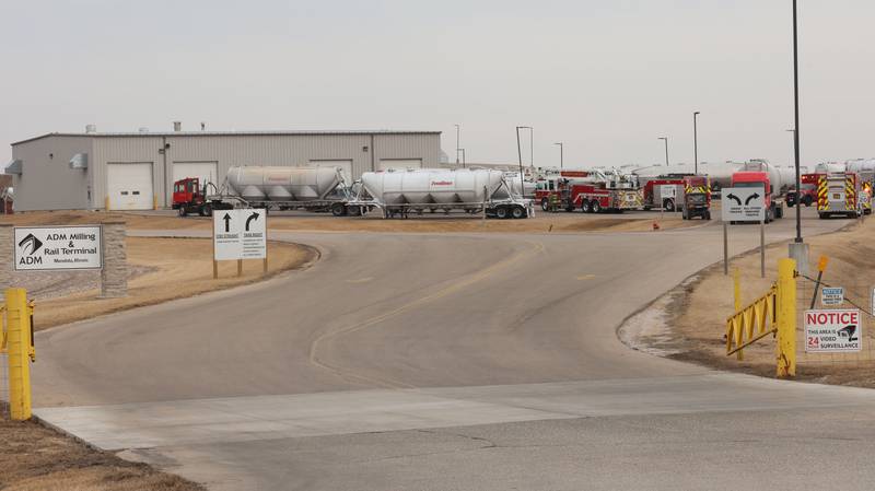 Mendota and Troy Grove fire departments responded to the mechanic building at ADM Milling and Rail Terminal on Tuesday, Feb. 24, 2026 in Mendota. Firefighters responded to a report of an explosion in the bay area.  The incident happened shortly before 9:30a.m.