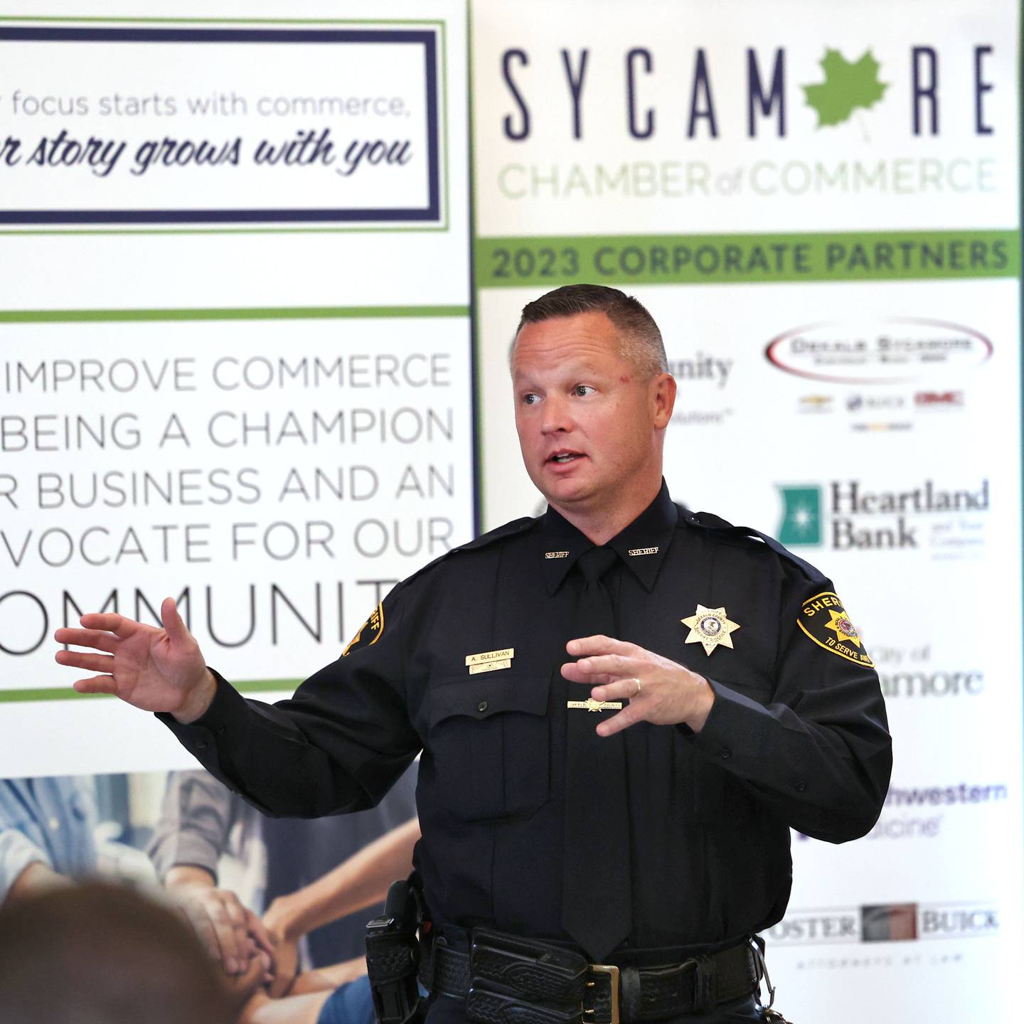 DeKalb County Sheriff Andy Sullivan speaks Wednesday, Sept. 13, 2023, during the Community Protection and Well-Being Forum: A Conversation about the Safe-T Act, in the DeKalb County Community Foundation Freight Room in Sycamore. The event was hosted by the Sycamore Chamber of Commerce.
