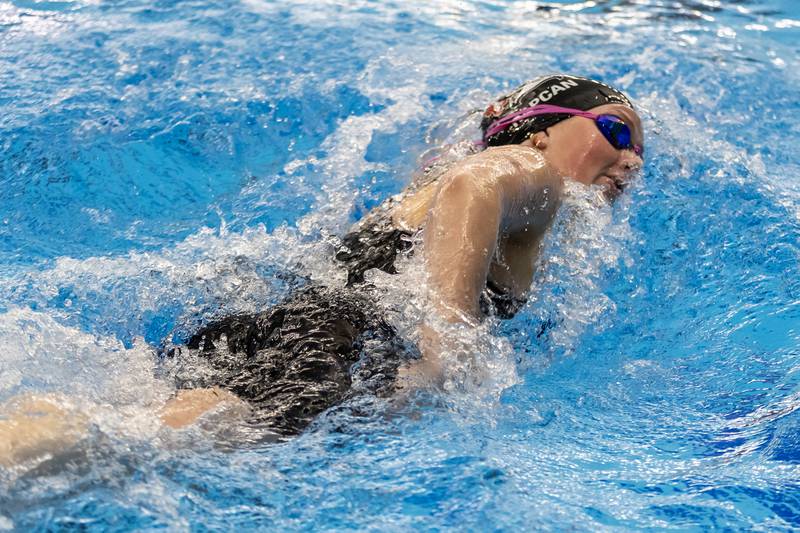 Lincoln-Way Central’s Emma Rapcan competes in the 500 Yard Freestyle during the IHSA Girls State Swimming Preliminaries at FMC Natatorium in Westmont on Nov. 14, 2025.