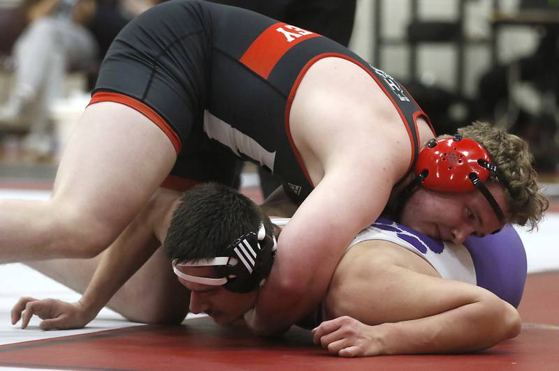 Huntley’s Dylan Cerny controls Hampshire's Albion Alili during the 215-pound match of a Fox Valley Conference wrestling match Wednesday, Jan. 24, 2024, at Huntley High School.