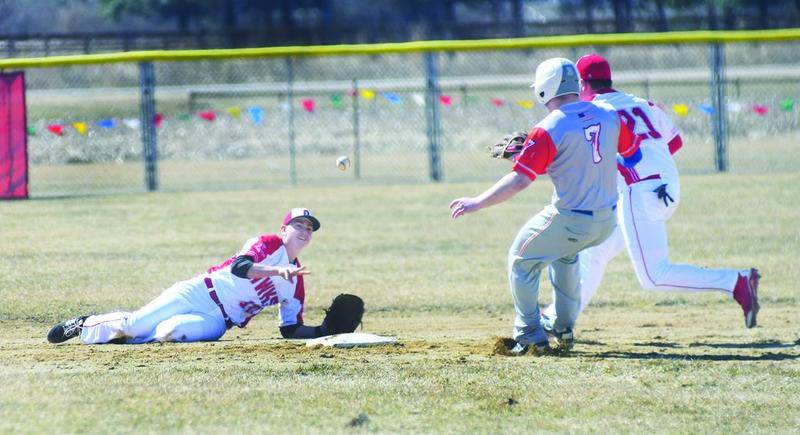 Oregon shortstop Noah Campos tosses the ball second baseman Keenan Kraucunas to force out Eastland's Elijh Dertz during March 23 action.