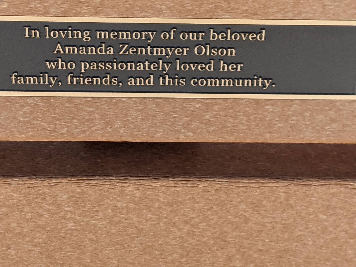 A memorial bench at Hudson Crossing Park in downtown Oswego honors Oswego resident Amanda Zentmyer Olson, who in August passed away following a battle with cancer.