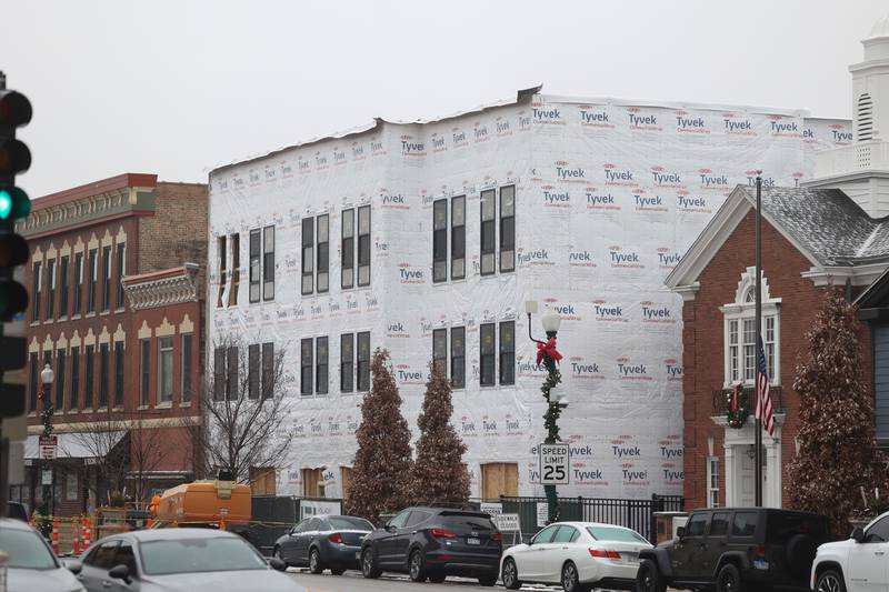 A mixed use building is under construction along State Street in downtown Lockport on Monday, Jan. 6, 2025.