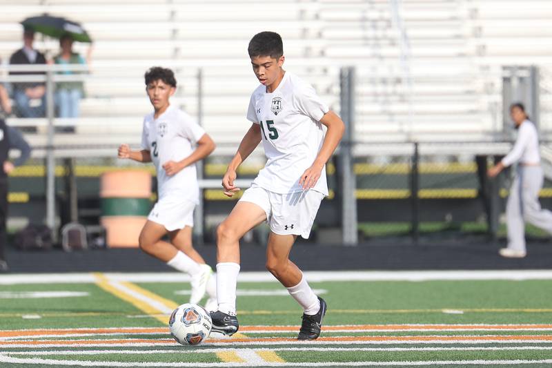 Plainfield Central’s Sebastian Chavez works the ball against Plainfield East on Tuesday, Sept. 19, in Plainfield.
