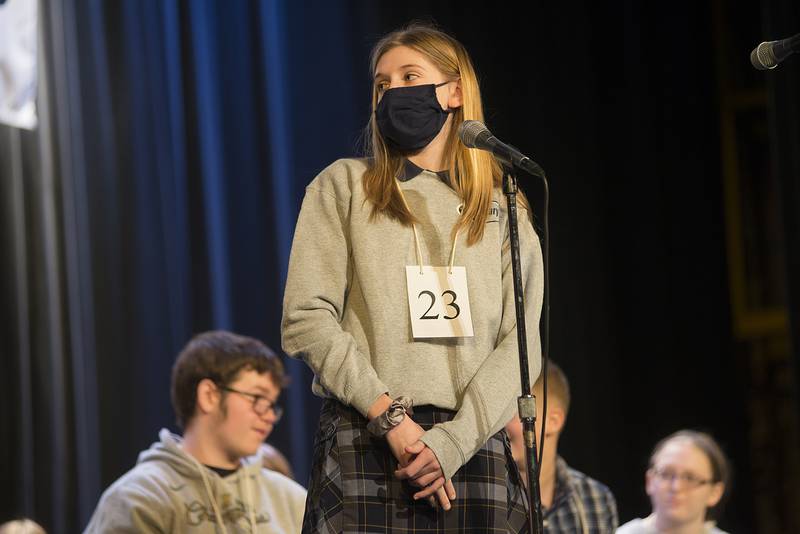 Claire Von Holten of St. Marys School in Sterling competes in the Lee-Ogle-Whiteside Regional Spelling Bee Thursday, Feb. 24, 2022. Von Holten was in the top five but misspelled "abatement."