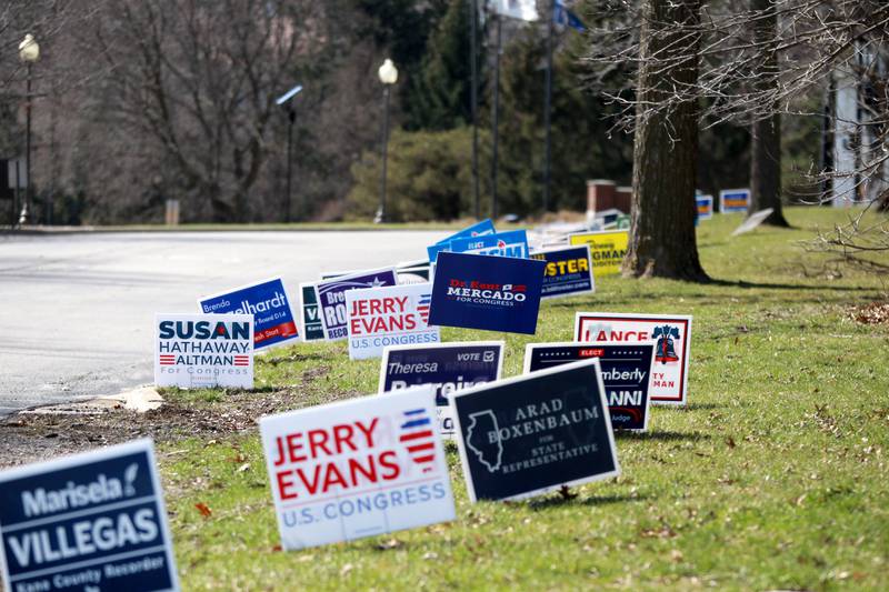 Signs for candidates in the March 19 Primary Election at the Kane County Government Center.