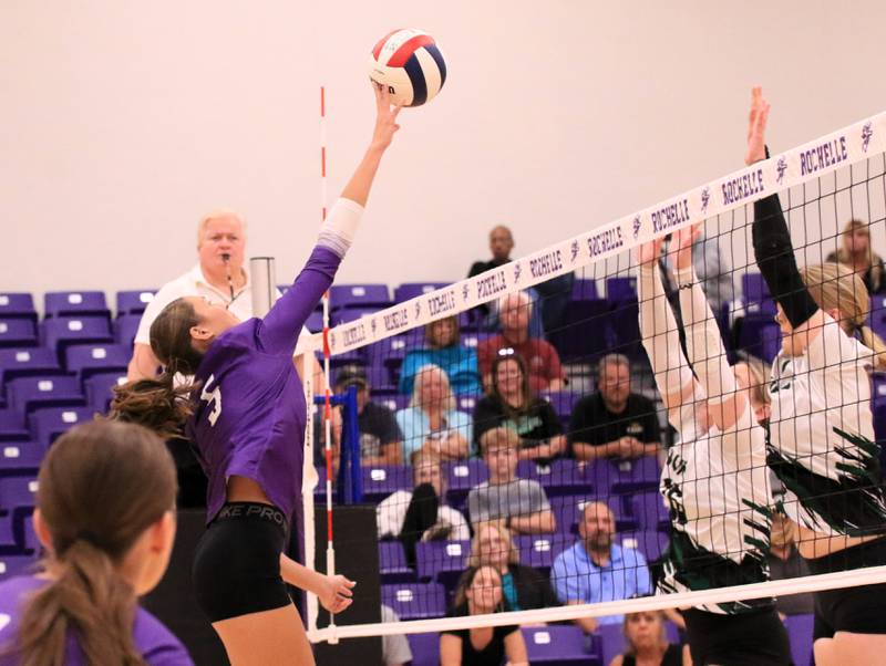 Rochelle's Audyn Kemp spikes the ball during the Hubs' match with North Boone on Sept. 9, 2025.