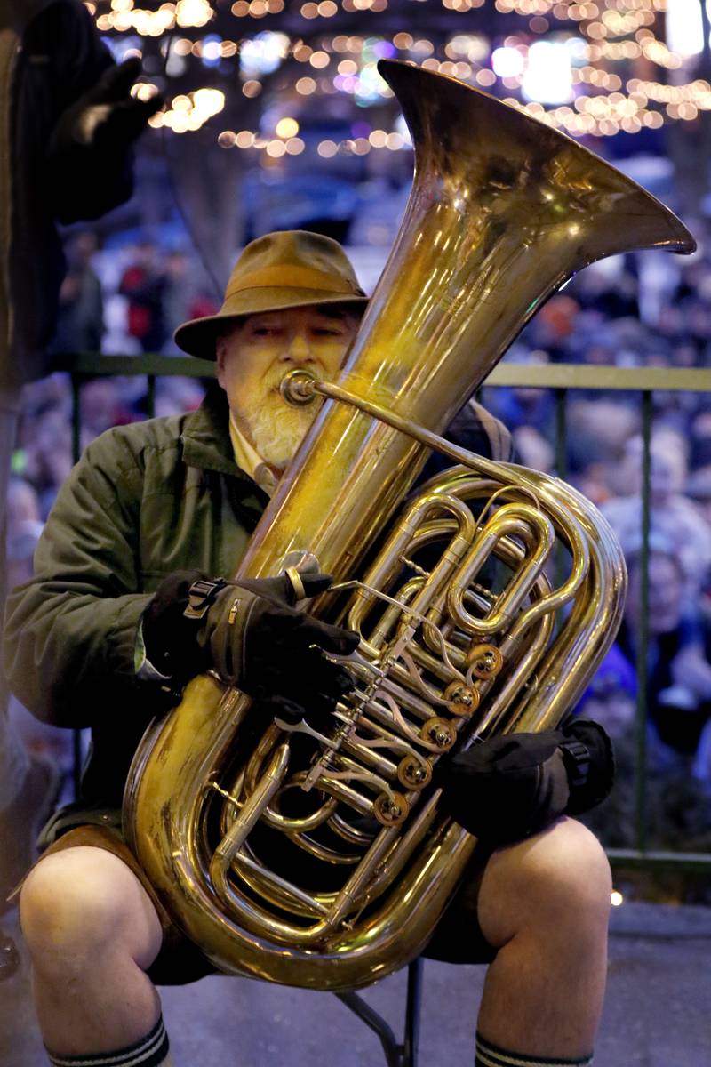 Steve Hart of Die Musik Meisters plays his tuba on Sunday, Feb. 2, 2025, during the annual Groundhog Day Prognostication in the Woodstock Square.