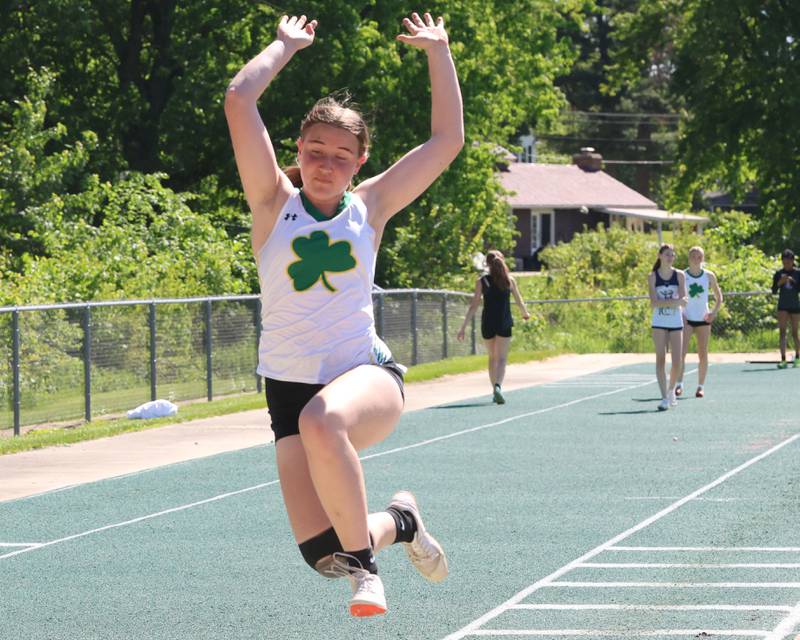 Seneca's Delaney Cato competes in the long jump during the Class 1A Sectional meet on Thursday, May 14, 2026 at Seneca High School.