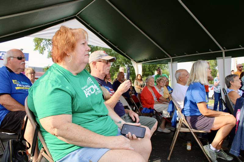 A crowd of about 70 people attend a meet'n'greet session with Gov. JB Pritzker and Lt. Gov. Juliana Stratton on Sunday at the Whiteside County Democratic Headquarters in Rock Falls.