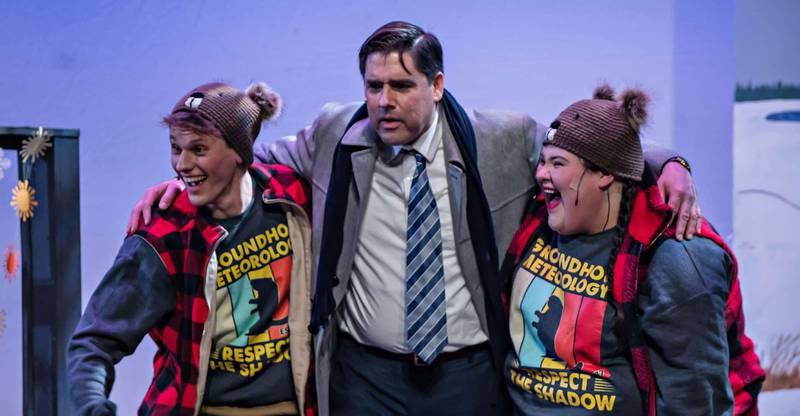 Jared Ritter (Freddie, from left), Jeff Thomas Graf (Phil Connors) and Vanesa Ortega (Debbie) appear in "Groundhog Day: The Musical" through Feb. 16 in the Woodstock Opera House.