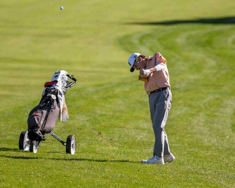 Wheaton Warrenville South's Michael Johansen hits from the fairway on Monday Oct. 7, 2024, during the 3A sectional match held at Blackberry Oaks Golf Course in Bristol.