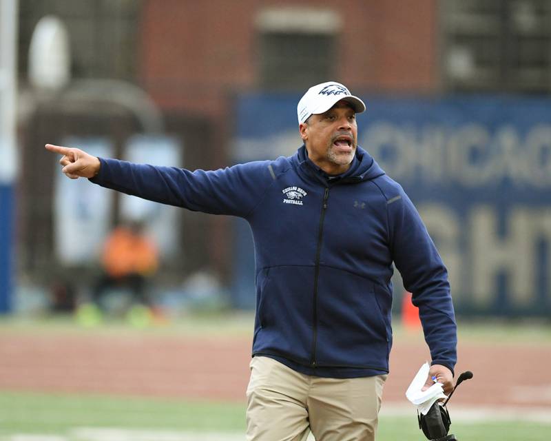 Chicago Hope Academy’s head coach Chris Mallette yells for a flag to be thrown during the 3A Playoff game against IC Catholic Prep on Saturday Nov. 1, 2025, held at Altgeld Park in Chicago.