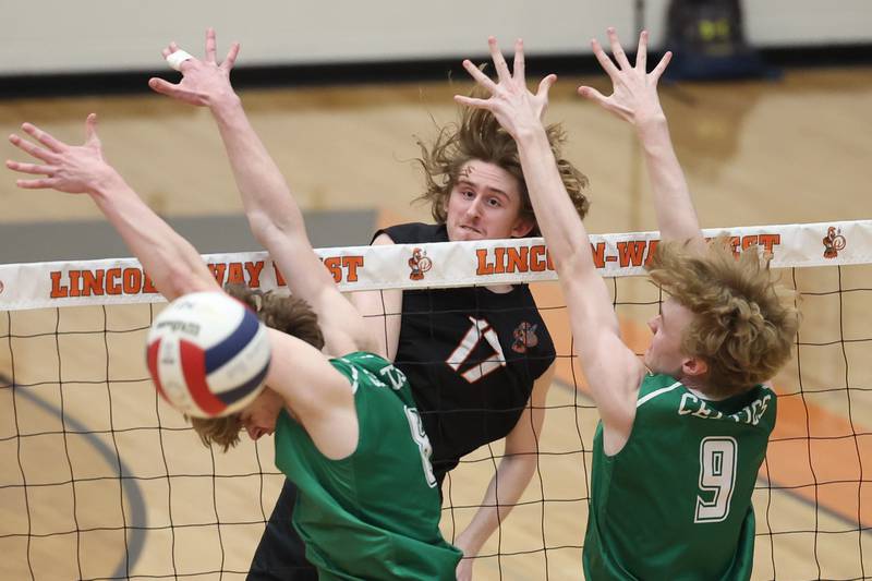 Lincoln-Way West’s Connor Jaral powers a shot past teh defense of Providence on Wednesday, April 3, 2024 in New Lenox.