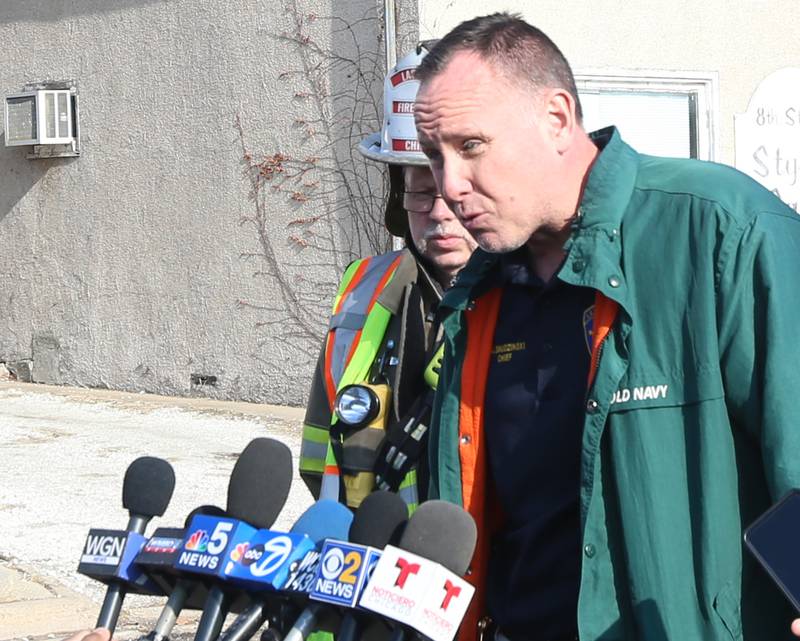 La Salle Police chief Mike Smudzinski addresses the media at a press conference regarding a massive fire at Carus Chemical on Wednesday, Jan. 11, 2023 in La Salle.