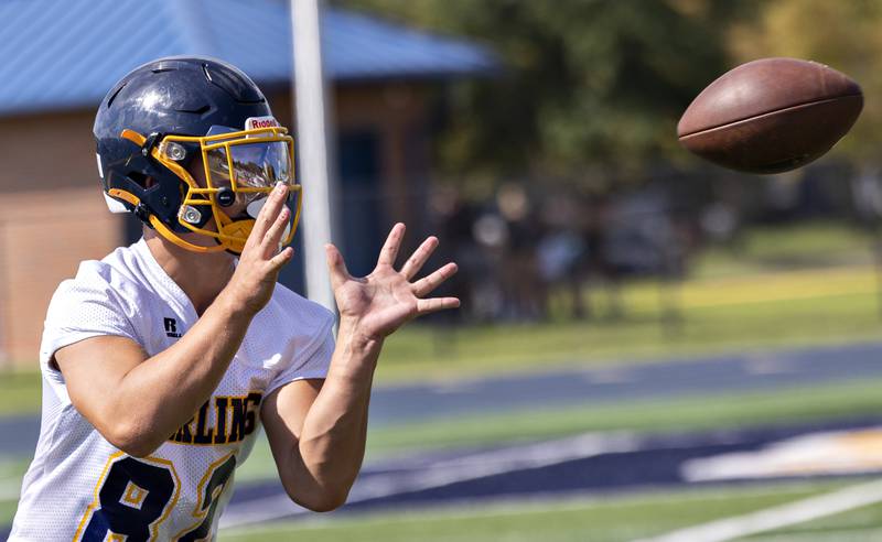 Sterling’s Brady McCray waits for a pass Monday, August 11, 2025, for the first day of football practice.