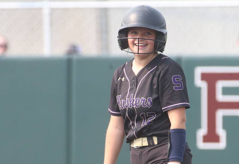 Serena's Finley Brodbeck reacts after getting a hit against LeRoy during the Class 1A Supersectional game on Monday, June 2, 2025 at Illinois Wesleyan Univesity in Bloomington.