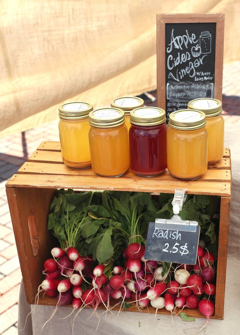 Radishes and Apple Cider Vinegar at the Prairie End Family Garden booth Thursday, June 2, 2022, during the first DeKalb Farmers Market of the season at Van Buer Plaza in Downtown DeKalb.