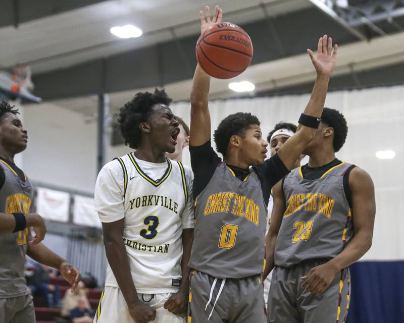Yorkville Christian's Jayden Riley (3) reacts after scoring a key basket down the stretch during their basketball game between Christ the King at Yorkville Christian, Feb 6, 2026 in Yorkville.