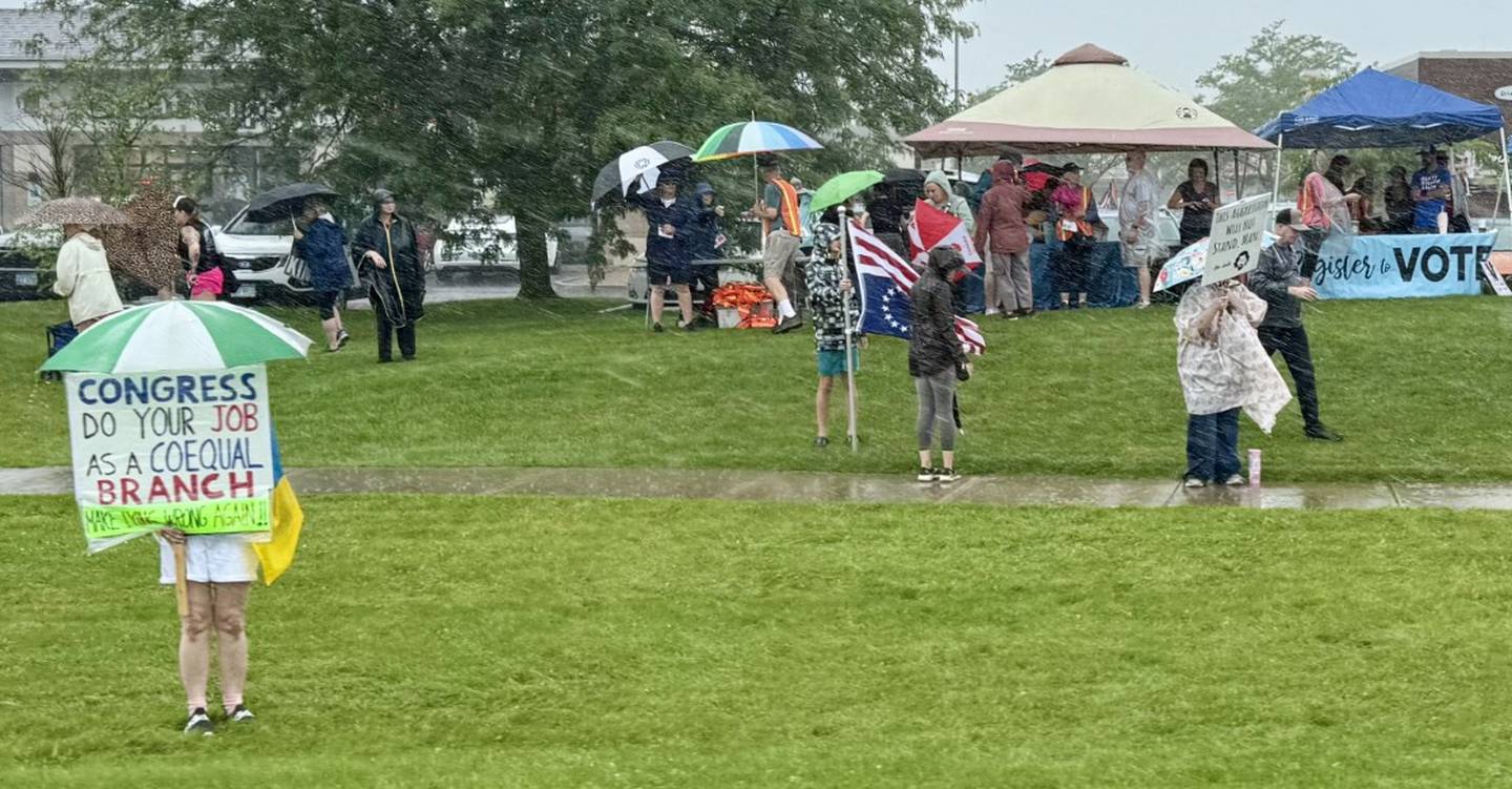 Protestors with the "Together for Justice" rally, organized by We Can Lead Change Fox Valley, weather the storm and take to the parkway on South Randall Road near Gleneagle Drive in Geneva on Saturday, July 19, 2025.