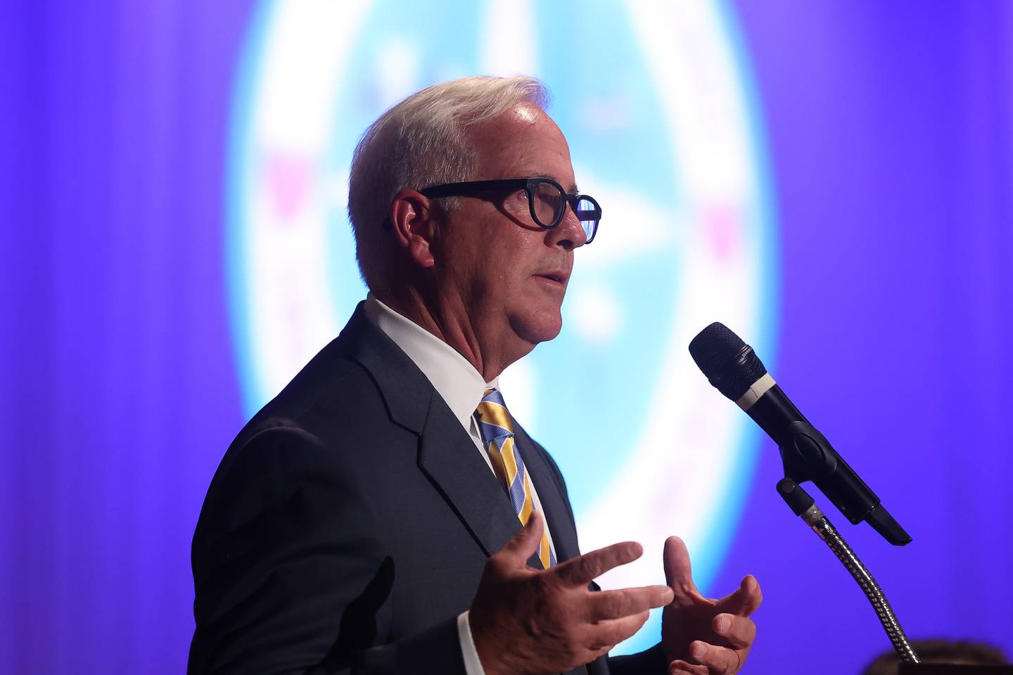 Joliet Mayor Terry D’Arcy speaks at the Public Safety Open Forum at the Billie Limacher Bicentennial Park Theatre on Wednesday June 26, 2024 in Joliet.