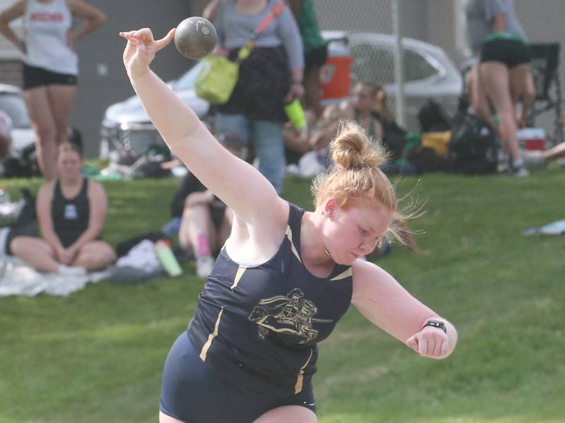 Marquette's Gwen Jimenez competes in the shot put during the Class 1A Sectional track meet on Thursday, May 15, 2025 at Seneca High School.