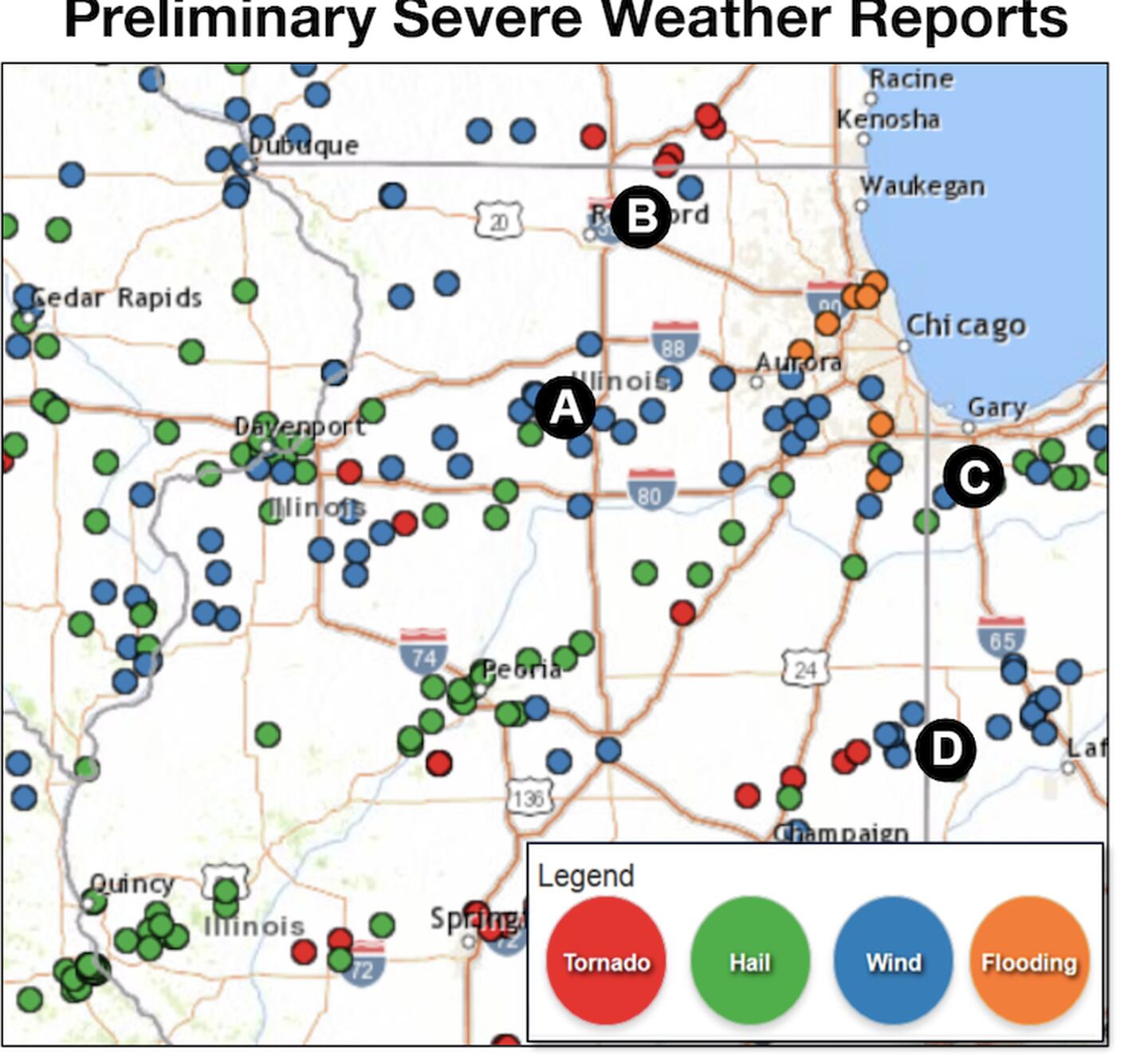 Preliminary reports of Friday's storm, from the Chicago station of the National Weather Service. The letter code is A - Amboy, B - Belvidere, C - Merrillville, Indiana, D - Hoopeston to Remington, Ind.