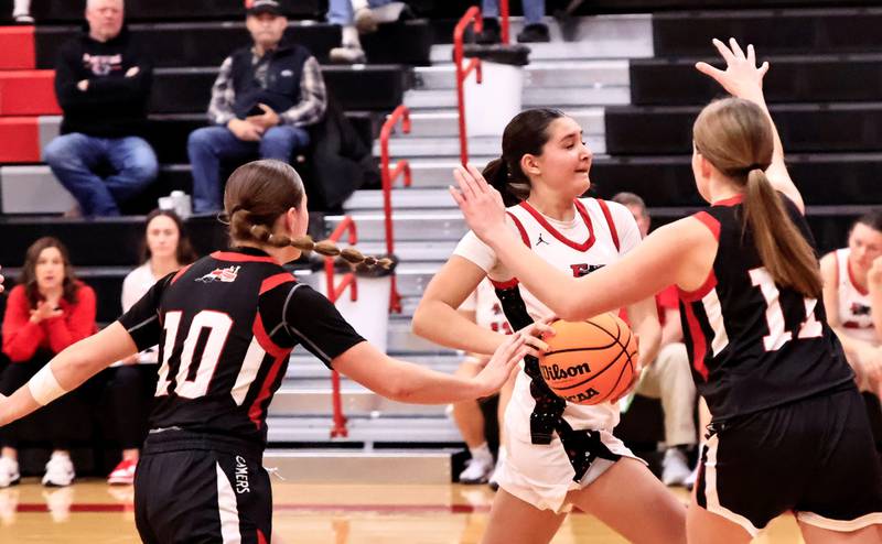 EP's Ashlyn Johnson charges through the Fulton defense to add 2 more points to the board for the Panthers Tuesday evening in Erie.
