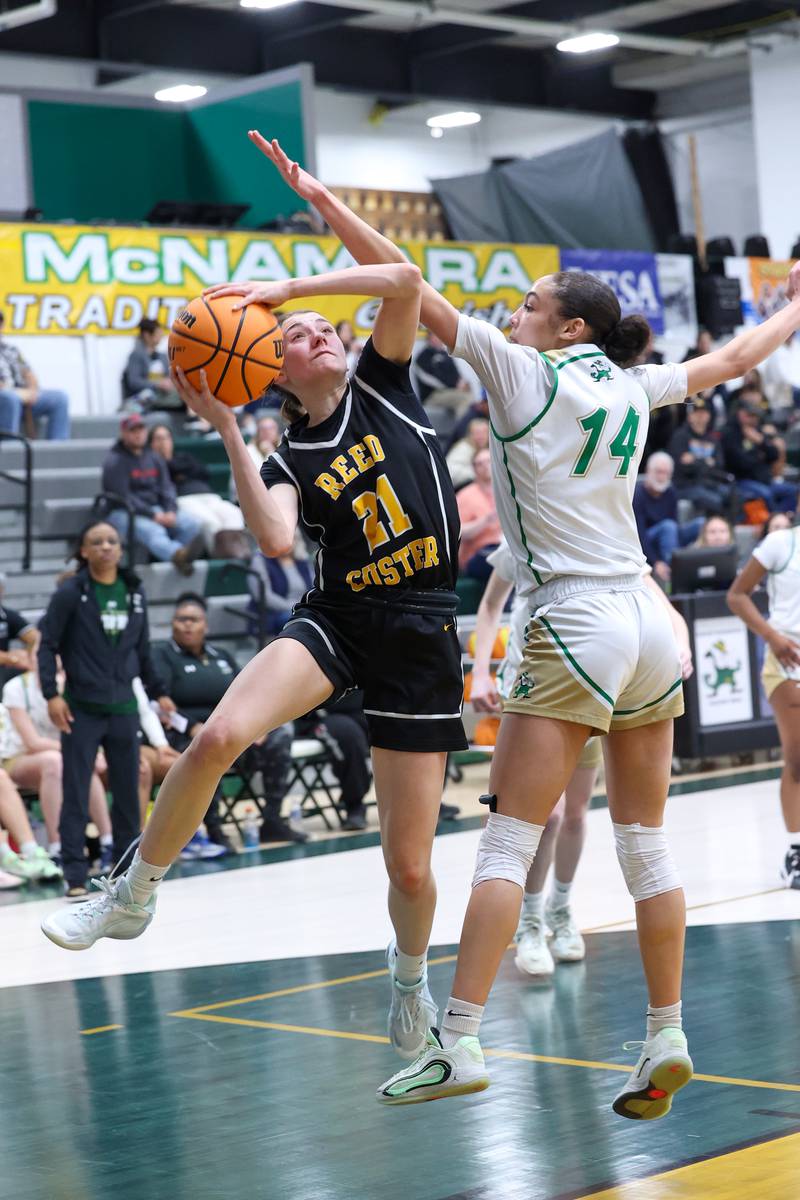 Reed-Custer's Alyssa Wollenzien looks to shoot around Bishop McNamara's Jaide Burse during Bishop McNamara's 60-36 victory over Reed-Custer in the IHSA Class 2A Bishop McNamara Regional semifinals on Monday, Feb. 16, 2026.