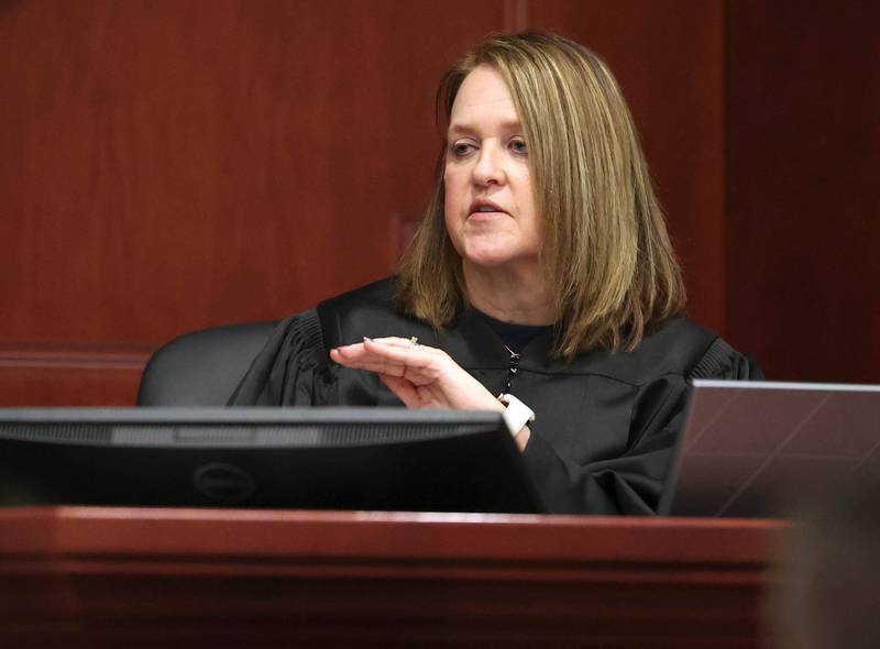 DeKalb County Circuit Court Judge Marcy Buick instructs the jury Thursday, Jan. 30, 2025, after both sides rested their cases in the Jonathan D. Hurst trial at the DeKalb County Courthouse in Sycamore. Hurst is charged in the 2016 killings of elderly mother and son Patricia and Robert Wilson in Sycamore.