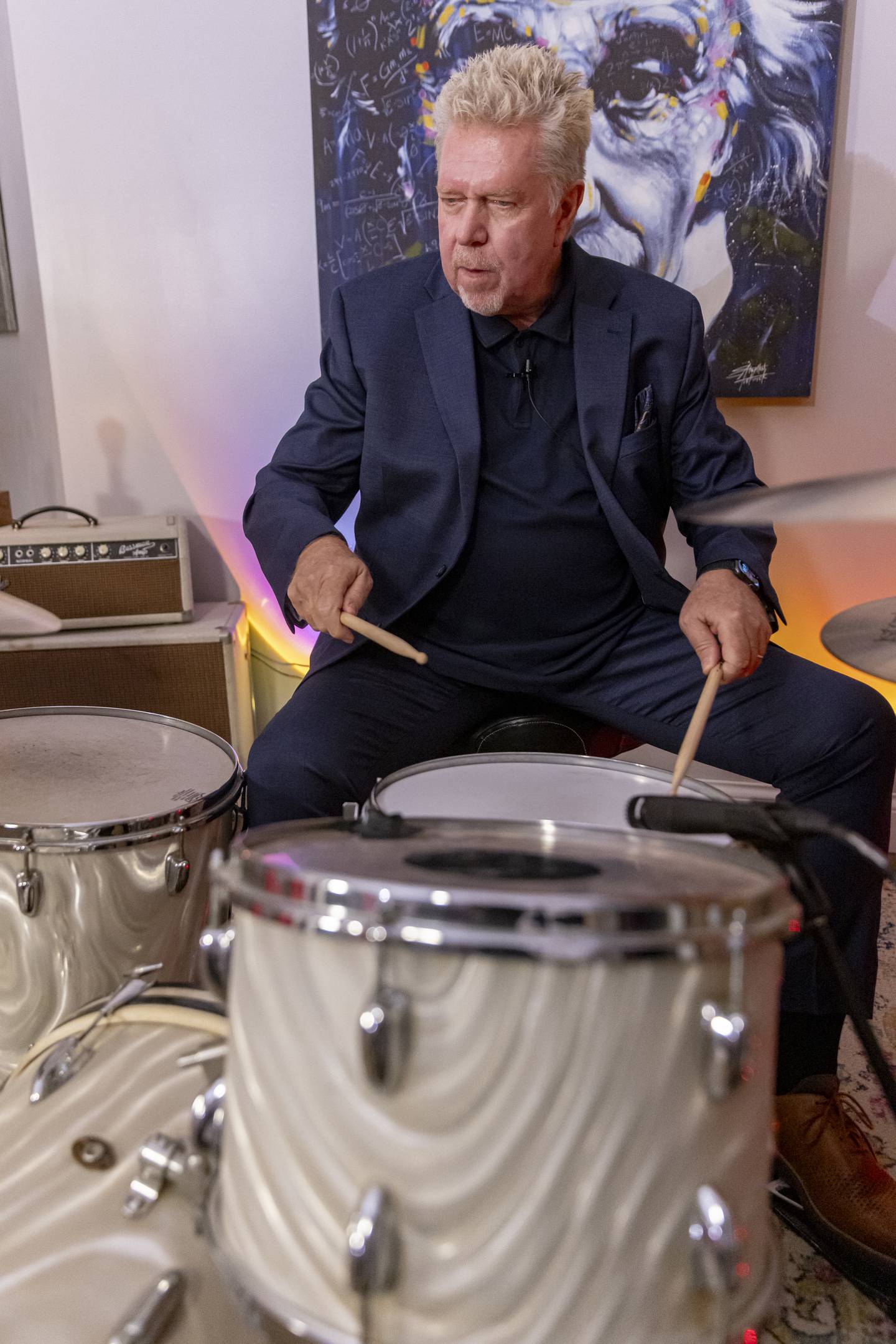 John "JR" Robinson performs on the drums for his livestream audience in Peru on October 1, 2024.