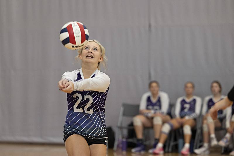 Dixon’s Emma Olson passes the ball against Pecatonica at the Sterling Volleyball Invitational Saturday, Sept. 30, 2023 held at Challand Middle School.
