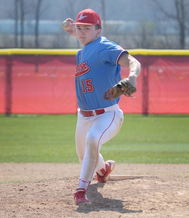 Oregon's Jack Washburn pitches against  Rockford Christian during a Saturday, April 12 game at Oregon High School.