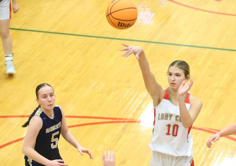 L-P's Kelsey Frederick shoots a jump shot over Marquette's Chloe Larson on Saturday, Jan. 4, 2025 in Sellett Gymnasium at L-P High School.