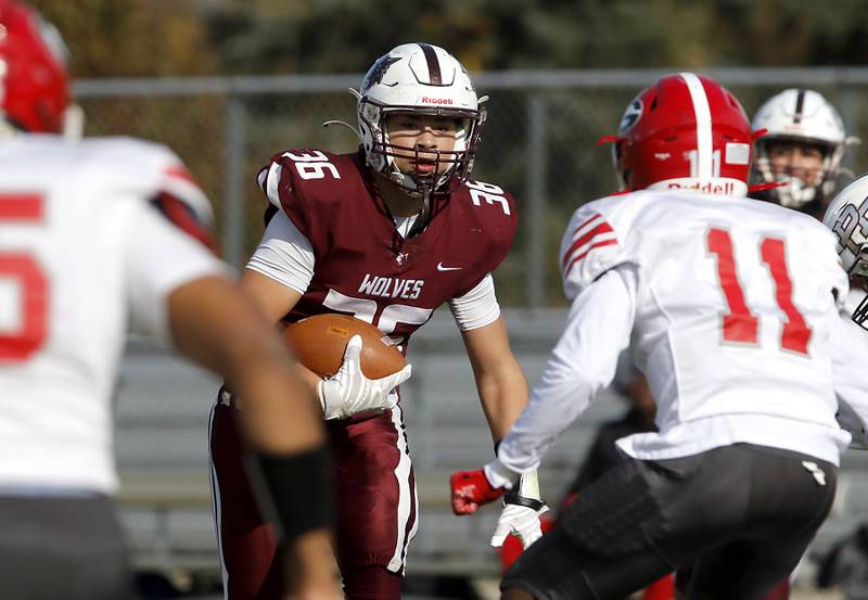 Prairie Ridge's Giovanni Creatore returns an interception during an IHSA Class 5A first-round football game against Chicago Goode on Saturday, Nov. 2, 2024, at Prairie Ridge High School in Crystal Lake.