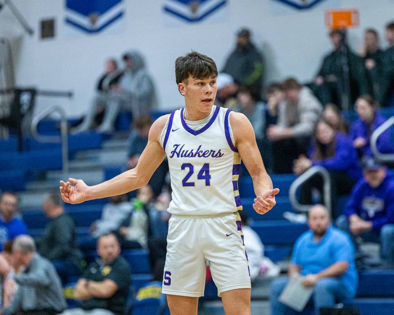 Payton Twait (24) of Serena reacts after officials call in game against IMSA in the quarterfinals of the Little Ten Conference Tournament on Monday, Feb. 2, 2026 at Somonauk High School in Somonauk.