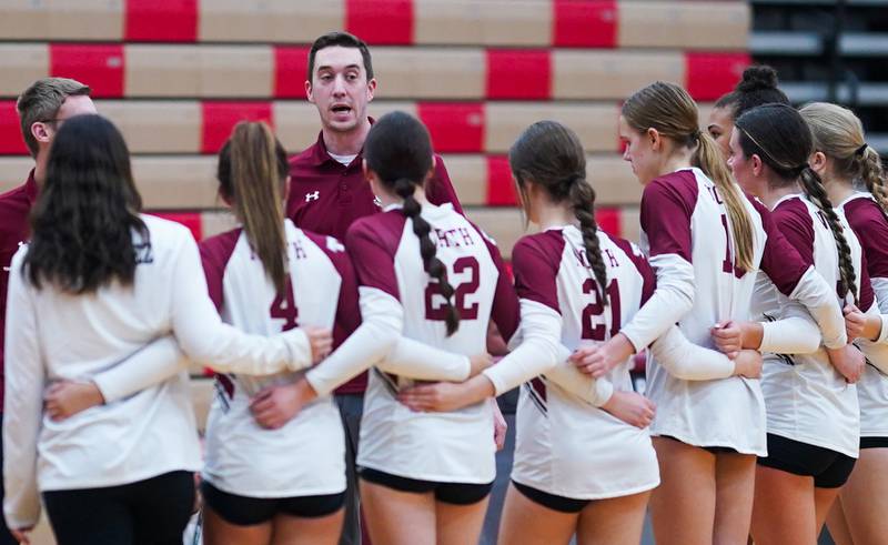 Plainfield North's head coach Matthew Slechta talks to his team during the class 4A Plainfield North regional volleyball final at Plainfield North High School on Thursday, Oct. 26, 2023.
