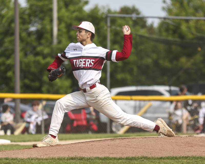 Plainfield North's Max Barriball (8) delivers a pitch during Class 4A Plainfield North Regional final baseball game between Oswego at Plainfield North. Saturday, May 31, 2025 in Plainfield.